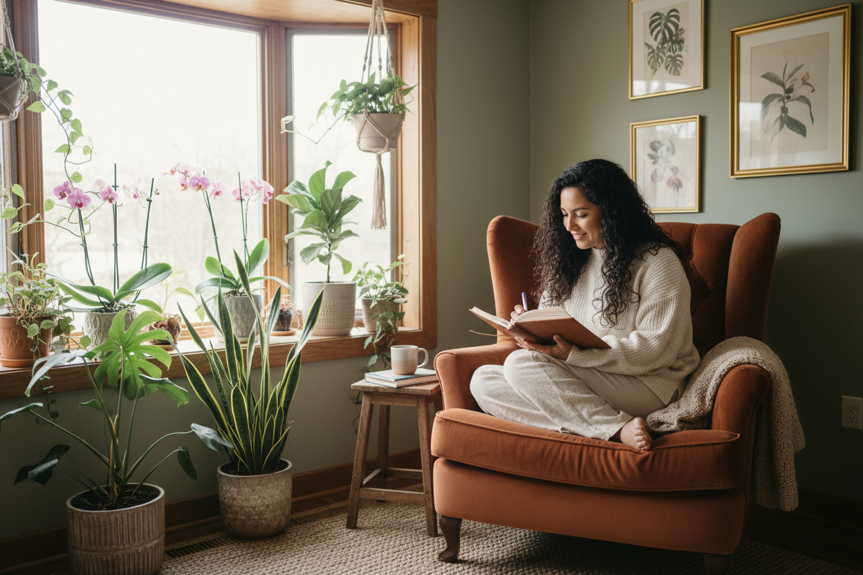 Hispanic woman journaling sitting in a chair near a window with greenry